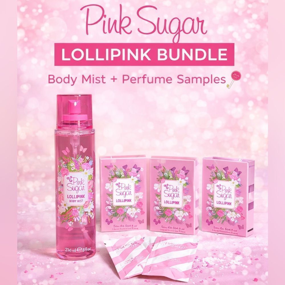 Pink Sugar Lollipink Body Mist 8oz + 5 Perfume Samples Bundle NEW